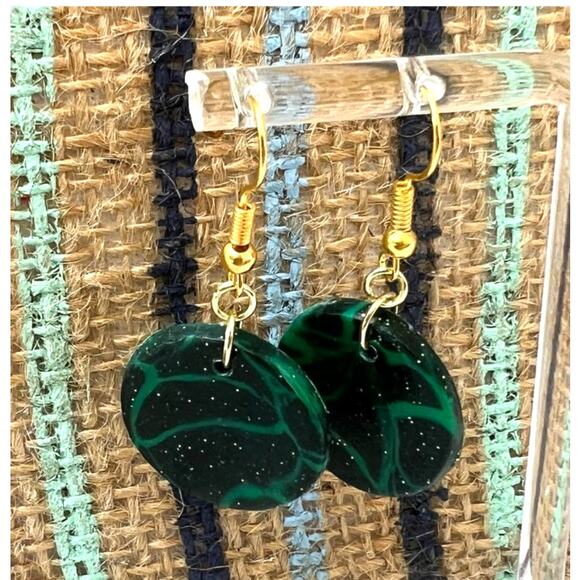 Artisan Green & Black Swirled Round Dangle Earrings 1.75" Drop - Picture 2 of 2